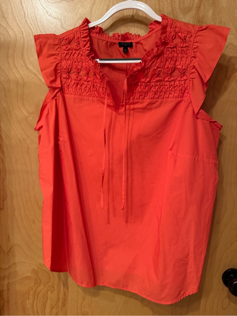 Talbots Coral Tie-Neck Flutter Sleeve Smocked Top